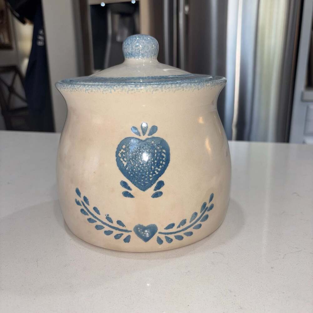 Vintage Stoneware Blue Heart Cookie Jar